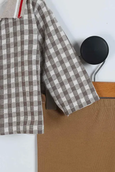 Bej (0-9 Ay)Pötikare Desen Baskılı  Düğmeli Hırkalı 3'lü Erkek Bebek Takım 341391