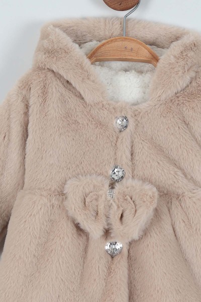 Bej (1-3 Yaş) Taş Detaylı Fiyonklu Kürklü Kız Bebe Mont 220924