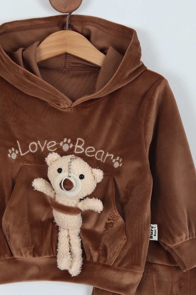 Bej (1-4 Yaş) Ayı Oyuncaklı Love Nakışlı Kadife İkili Kız Çocuk Takım 221112