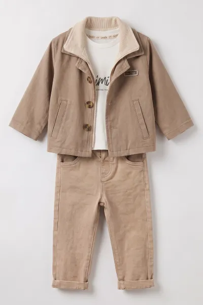 Bej (1-4 Yaş) Gabardin Ceketli Erkek Bebek&Çocuk 3'lü Takım 501390
