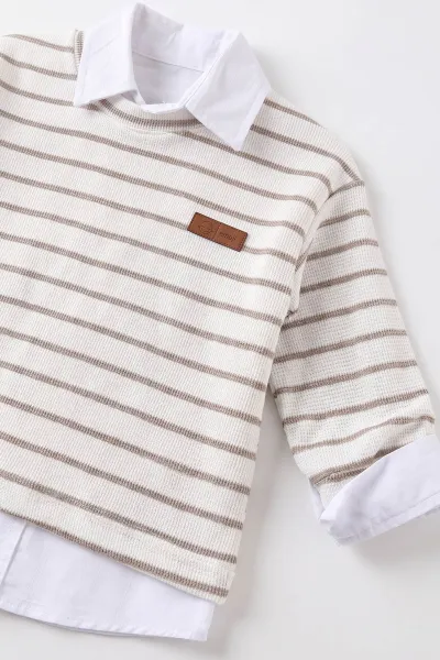 Bej (1-4 Yaş) Gömlekli 2 İp Çizgili Sweatli ve Kot Pantolonlu Erkek &Bebek Çocuk 3'lü Takım 495358