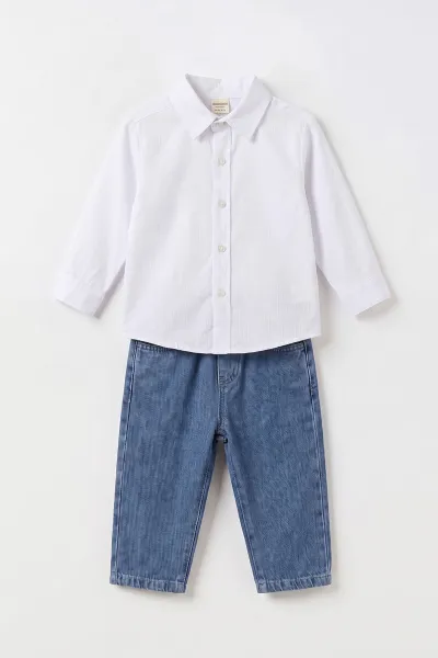 Bej (1-4 Yaş) Gömlekli 2 İp Çizgili Sweatli ve Kot Pantolonlu Erkek &Bebek Çocuk 3'lü Takım 495358