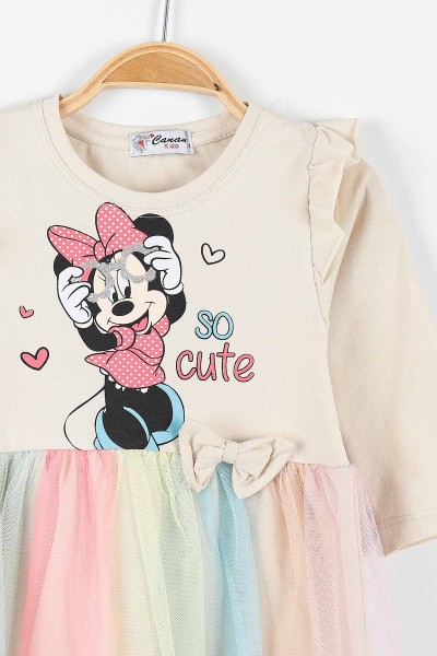 Bej (1-4 Yaş) Minnie Mouse Baskılı Kız Çocuk Elbise 174905
