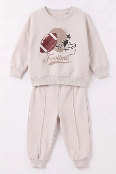 Bej (1-4 Yaş)Football Baskılı Sweatli Şişme Yelekli 2 İp  Erkek  Çocuk&Bebek 3'lü Takım 491219