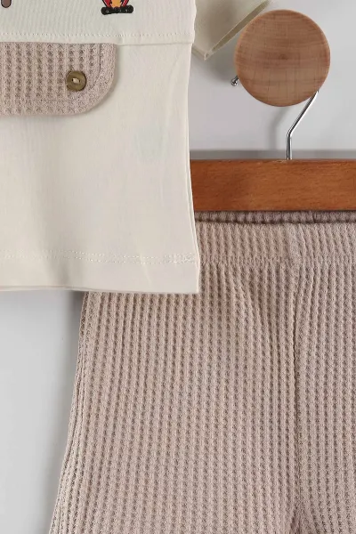Bej (1-4 Yaş)Ön Arka Baskılı Waffle Şortlu Erkek Çocuk Takım 452369