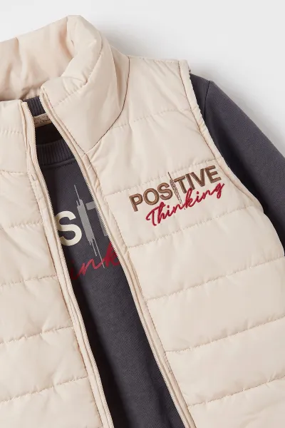Bej (1-5 Yaş)  3 İp Şardonlu   Baskılı Sweatli  Positive  Nakışlı Yelekli  Erkek Çocuk 3'lü Takım 498192