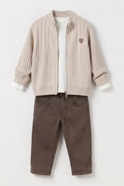 Bej (1-5 Yaş) Badili Triko Hırkalı Gabardin Pantolonlu Erkek Çocuk 3'lü Takım 501556