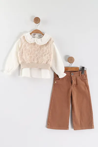 Bej (1-5 Yaş) Bebe Yaka Keten Gömlekli Çiçekli Süveterli Gabardin Pantolonlu Kız Çocuk 3'lü Takım 442764