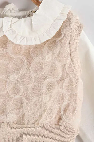 Bej (1-5 Yaş) Bebe Yaka Keten Gömlekli Çiçekli Süveterli Gabardin Pantolonlu Kız Çocuk 3'lü Takım 442764