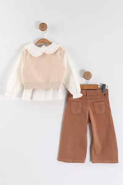 Bej (1-5 Yaş) Bebe Yaka Keten Gömlekli Çiçekli Süveterli Gabardin Pantolonlu Kız Çocuk 3'lü Takım 442764