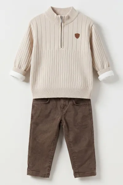 Bej (1-5 Yaş) Bodyli Triko Kazaklı  Gabardin Pantolonlu Erkek Çocuk 3'lü Takım 500875