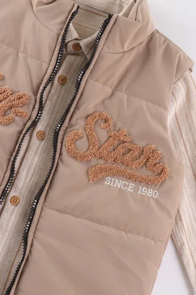 Bej (1-5 Yaş) Süzene All Star Nakışlı Yelekli Çizgili Keten Gömlekli Erkek Çocuk 3'lü Takım 498609