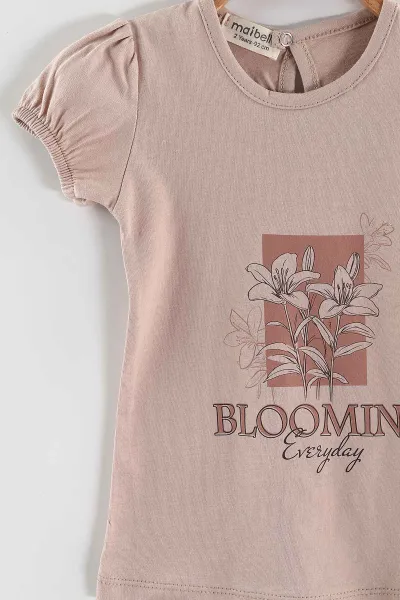Bej (1-5 Yaş)Blooming  Baskılı  Tişörtlü   Toka Aksesuarlı  Şortlu Kız Çocuk Yazlık Takım 439533
