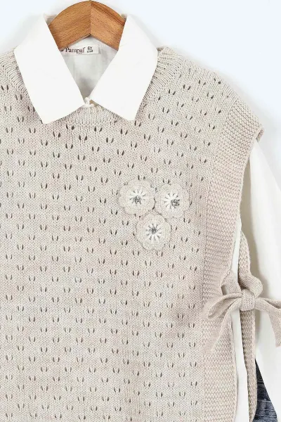 Bej (1-9 Yaş) Gömlekli Triko Süveterli  Taşlı Kot Pantolonlu Kız Çocuk 3'lü Takım 410316