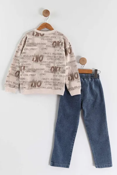 Bej (1-9 Yaş) Ok   Baskılı Kot Pantolonlu Erkek Çocuk 2'li Takım 438545