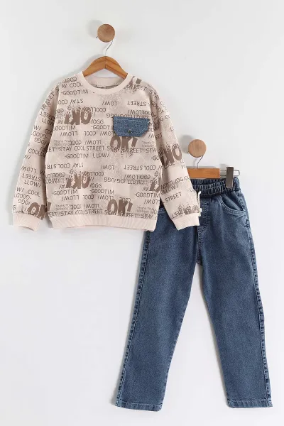 Bej (1-9 Yaş) Ok   Baskılı Kot Pantolonlu Erkek Çocuk 2'li Takım 438545