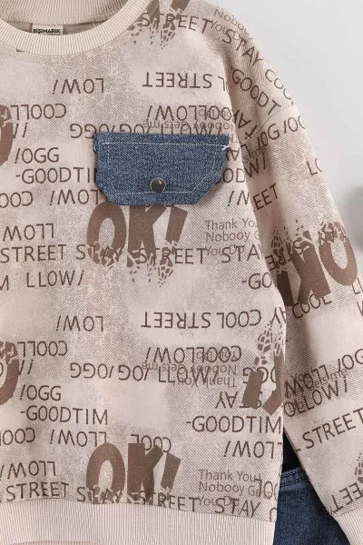 Bej (1-9 Yaş) Ok   Baskılı Kot Pantolonlu Erkek Çocuk 2'li Takım 438545