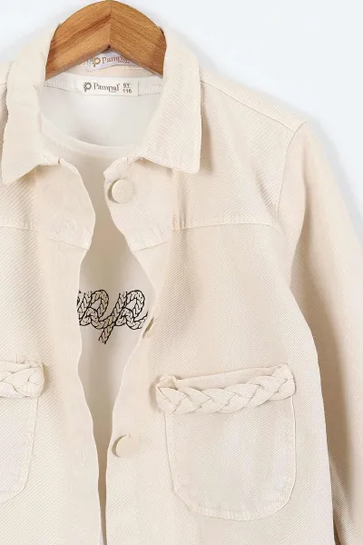 Bej (1-9 Yaş)Happy Baskılı Tişörtlü Gabardin Pantolon ve Ceketli    Kız Çocuk 3'lü Takım 413512