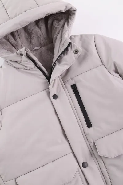 Bej (10-14 Yaş) Kapüşonlu İçi Kürklü Erkek Çocuk Mont 499758