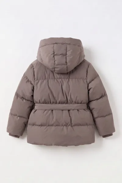 Bej (10-14 Yaş) Kapüşonlu İçi Kürklü Kız Çocuk Mont 499740