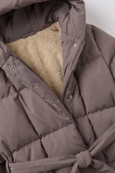 Bej (10-14 Yaş) Kapüşonlu İçi Kürklü Kız Çocuk Mont 499740