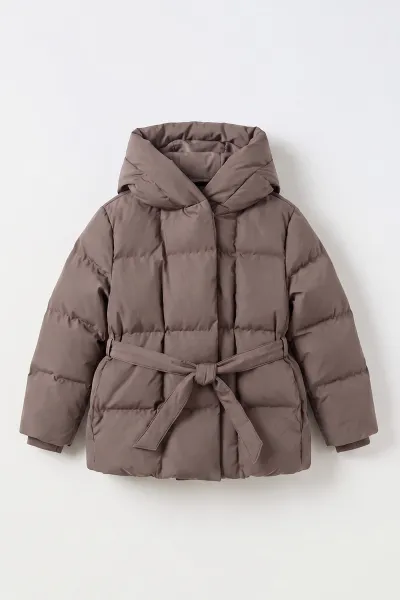 Bej (10-14 Yaş) Kapüşonlu İçi Kürklü Kız Çocuk Mont 499740