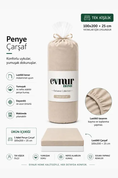 Bej 100x200+25 Cm  Evnur Home Penye Tek Kişilik Fitted (Lastikli) Çarşaf 467375