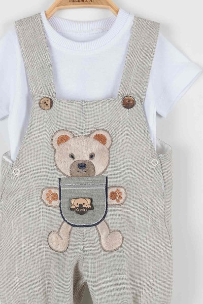 Bej (12-24 Ay) Ayı Nakışlı Cep Detaylı Paça Lastikli  Erkek Bebe Takım 169467