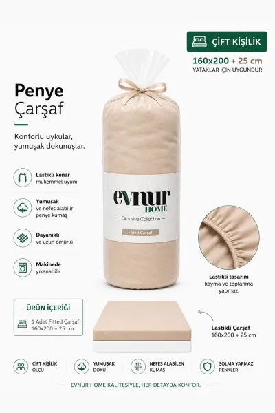 Bej 160x200+25 Cm  Evnur Home Penye Çift Kişilik Fitted (Lastikli) Çarşaf 467367