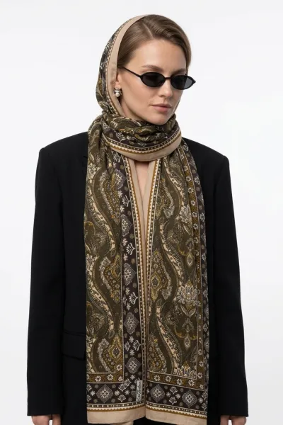 Bej 180x70 Cm Our Fashion Dijital Baskılı Desenli Bambu Kraş Şal 488546