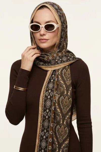 Bej 180x70 Cm Our Fashion Dijital Baskılı Desenli Bambu Kraş Şal 488546