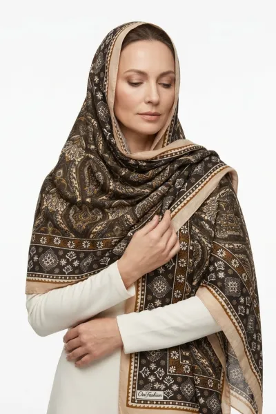 Bej 180x70 Cm Our Fashion Dijital Baskılı Desenli Bambu Kraş Şal 488546