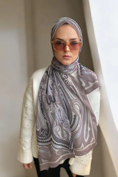 Bej 180x70 Etnik Desen Dijital Baskılı Pamuk Şal 323053