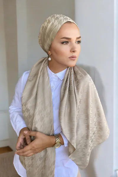 Bej 180x70 Jakar İpeksi Kazayağı Desen Şal 298245