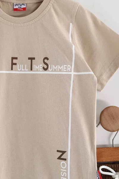 Bej (2-10 Yaş) Full Time Summer Baskılı Cep Detaylı  Şortlu Penye Erkek Çocuk Yazlık Takım 437846