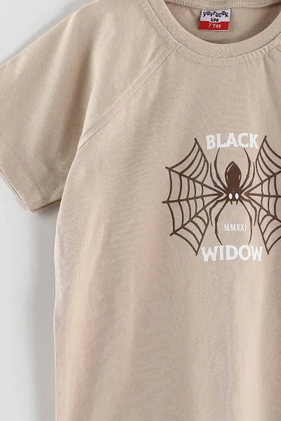 Bej (2-10 Yaş)Black Widow Baskılı Cepli  Şortlu Penye Erkek Çocuk Yazlık Takım 437746