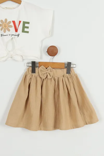 Bej (2-5 Yaş) Love Baskılı Belden Bağlamalı Kız Çocuk Takım 255192