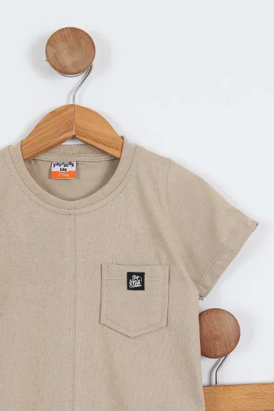 Bej (2-5 Yaş) Ön Arka Skateboard Baskılı Cep Detaylı Penye Erkek Çocuk Yazlık Takım 347252
