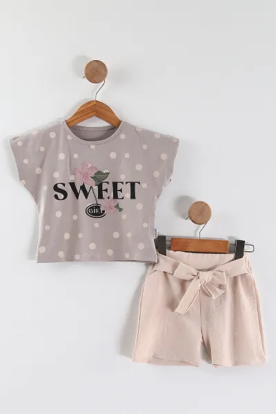 Bej (2-5 Yaş)Sweet Taş Baskılı Flam Keten Kumaş Şortlu Kız Çocuk Takım 451969