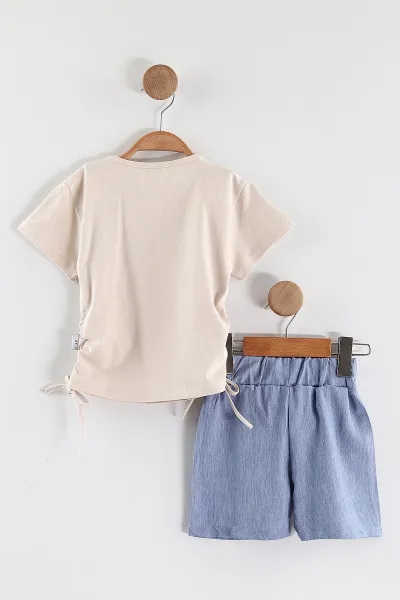 Bej (2-5 Yaş)Taşlı Kalp Baskılı Tencel Şortlu Kız Çocuk Takım 436923
