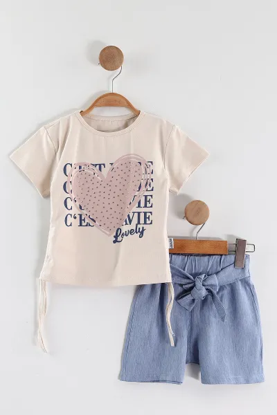 Bej (2-5 Yaş)Taşlı Kalp Baskılı Tencel Şortlu Kız Çocuk Takım 436923