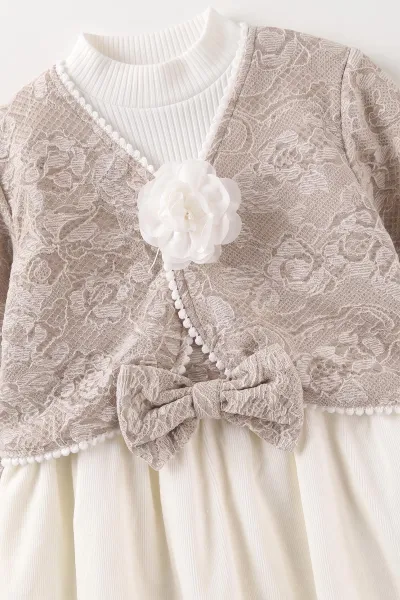Bej (2-6 Yaş) Badili ve Bolerolu 3'lü Kız Çocuk Elbise 483500