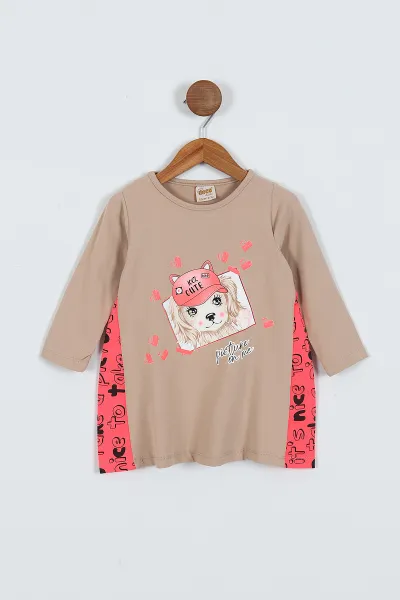 Bej (2-6 Yaş) Cute Baskılı Süprem Likralı  Kız Çocuk Elbise 419332