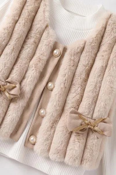Bej (2-6 Yaş) Gabardin Şort Etekli Peluş Yelekli Kız Çocuk 3'Lü Takım 483645