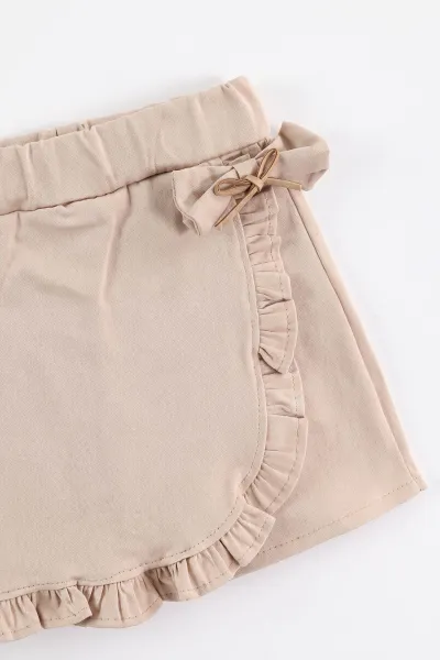 Bej (2-6 Yaş) Gabardin Şort Etekli Peluş Yelekli Kız Çocuk 3'Lü Takım 483645