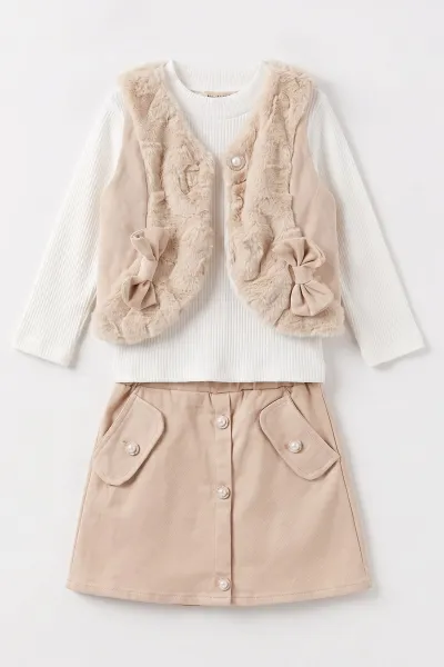 Bej (2-6 Yaş) Gabardin Şort Etekli  Peluş Yelekli Kız Çocuk 3'lü Takım 491156