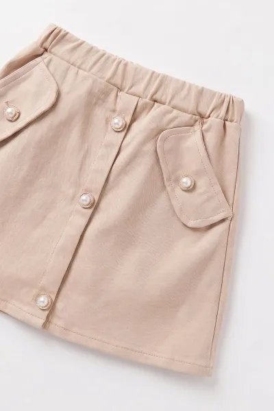 Bej (2-6 Yaş) Gabardin Şort Etekli  Peluş Yelekli Kız Çocuk 3'lü Takım 491156