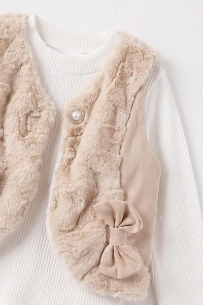 Bej (2-6 Yaş) Gabardin Şort Etekli  Peluş Yelekli Kız Çocuk 3'lü Takım 491156