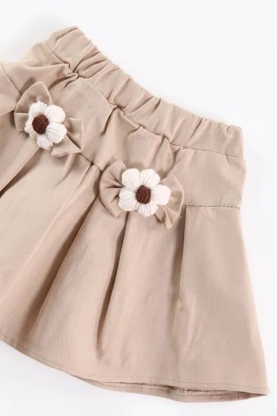 Bej (2-6 Yaş)Gabardin Etekli Peluş Yelekli Kız Çocuk 3'lü Takım 500252