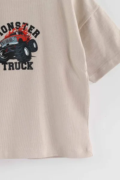 Bej (3-10 Yaş) Monster Truck Baskılı Oversize Erkek Çocuk Tişört 469016